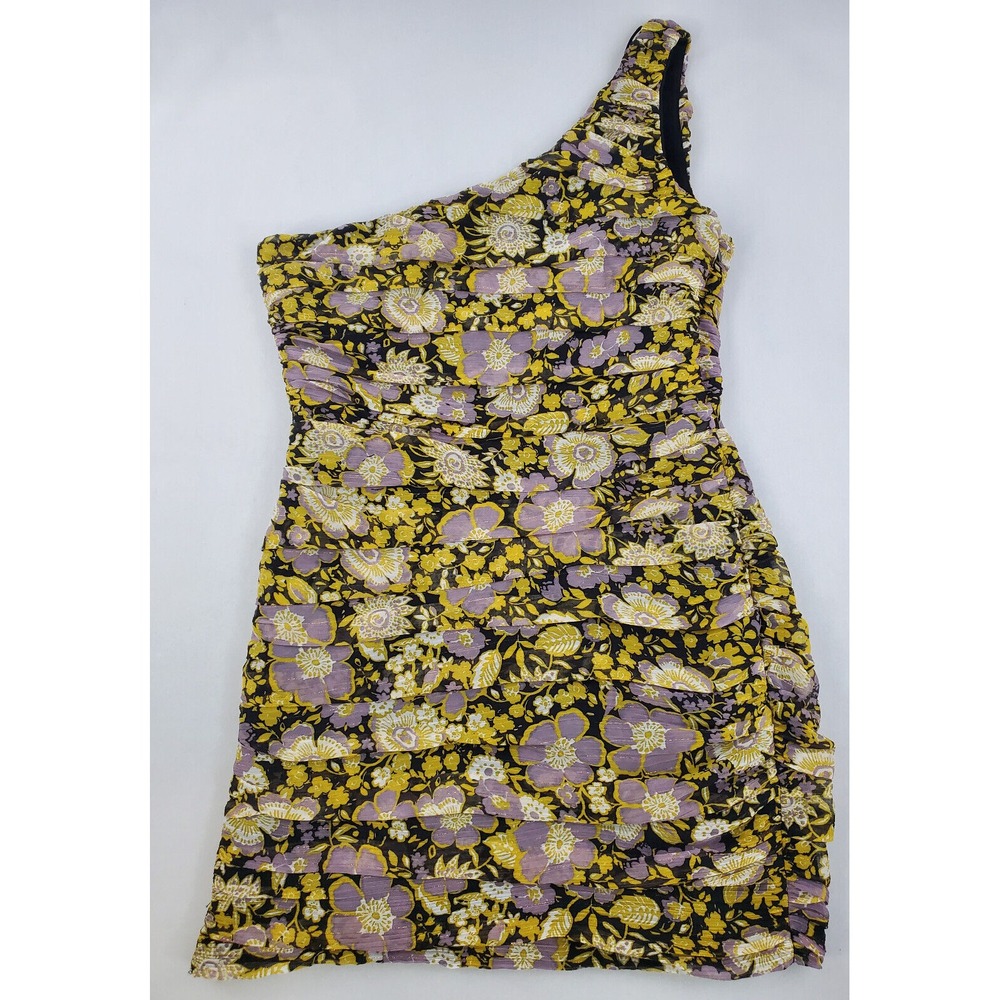 Zara Floral One Shoulder Ruffle Mini Dress Yellow Purple Black 8055/522/800 M